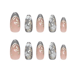 Leaves and Flowers French Cat Eye on Nails 30Pcs Medium Almond Nails