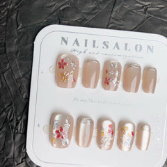 Gilded Colored Flowers Cat Eye(Handmade press on nails)/10Pcs Squoval Nails