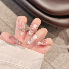 Cat Eye Flower Diamond Handmade press on Nails / 10Pcs Stiletto Nails