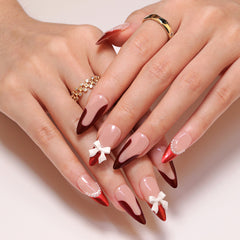 Simple French Bow(Handmade press on nails)/10Pcs Almond Nails