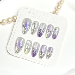 Aurora Ice Blue Purple Cat Eye(Handmade press on nails)/10Pcs Almond Nails