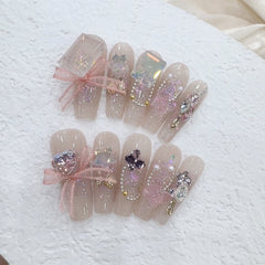 Bow Diamond Handmade press on Nails / 10Pcs Ballerina Nails