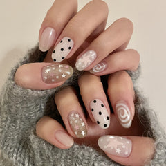 Polka Dot Star Cat Eye on Nails 10Pcs Short Oval Nails