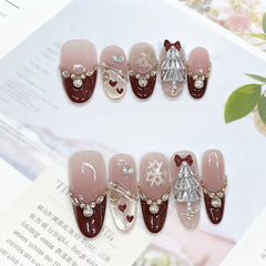 French Love Christmas(Handmade press on nails)/10Pcs Almond Nails