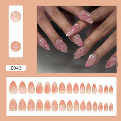 Butterfly 3D flower Pink Press on Nails 24Pcs Short Almond Nails
