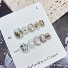 Cat Eye Summer Ice Flower Handmade press on Nails / 10Pcs Squoval Nails