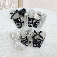 French Bow Kitty Handmade press on Nails / 10Pcs Ballerina Nails