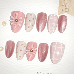 Plaid Cat Eye on Nails 10Pcs Medium Almond Nails