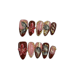 Red Velvet 3D Flower(Handmade press on nails)/10Pcs Almond Nails