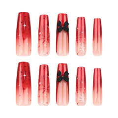Snowflake Bow Press on Nails 24Pcs Long Squoval Nails