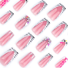 French Zebra Pattern Kitty Press on Nails 24Pcs Medium Squoval Nails