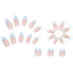 Light Blue Flowers Press on Nails 24Pcs Medium Almond Nails