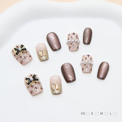 Diamond Bow Plaid Cat Eye(Handmade press on nails)/10Pcs Squoval Nails