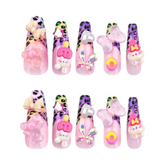 Colorful Leopard Print Cute Rabbit Press on Nails 24Pcs Long Ballerina Nails