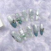 Blue Half-Winged Bow Cat Eye(Handmade press on nails)/10Pcs Almond Nails