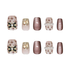 Diamond Bow Plaid Cat Eye(Handmade press on nails)/10Pcs Squoval Nails