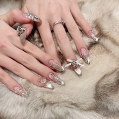 Snowflake Cat Eye Bow Handmade press on Nails / 10Pcs Stiletto Nails