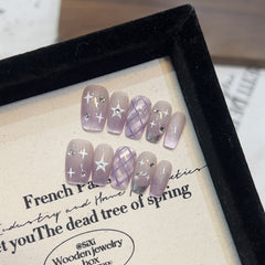Purple Plaid Stars Cat Eye Handmade press on Nails / 10Pcs Squoval Nails