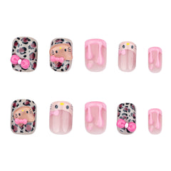 3D Pink French Leopard Kitty Press on Nails 24Pcs Short Squoval Nails