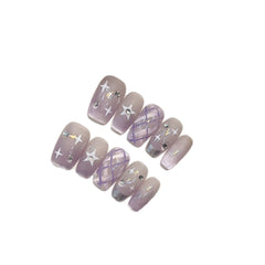 Purple Plaid Stars Cat Eye Handmade press on Nails / 10Pcs Squoval Nails