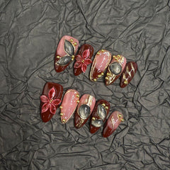 Red Velvet 3D Flower(Handmade press on nails)/10Pcs Almond Nails
