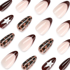 Leopard Print Stars Presson on Nails 24Pcs Medium Almond Nails