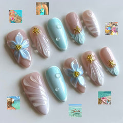 3D Blue Flower Shell(Handmade press on nails)/10Pcs Almond Nails