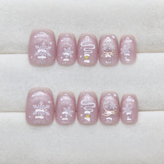 Cat Eye Snowflake Christmas Press on Nails 24Pcs Medium Squoval Nails