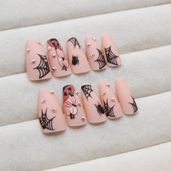 Pumpkin Spider Web Press on Nails 24Pcs Medium Ballerina Nails