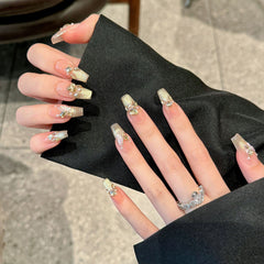 Champagne Cat Eye Butterfly Diamond Handmade press on Nails / 10Pcs Ballerina Nails