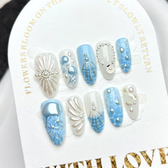 Mermaid Shell Ocean(Handmade press on nails)/10Pcs Almond Nails