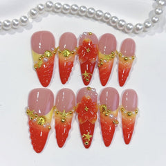 Shell Flame Red(Handmade press on nails)/10Pcs Stiletto Nails