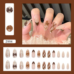 Plaid French Bow Press on Nails 24Pcs Medium Almond Nails