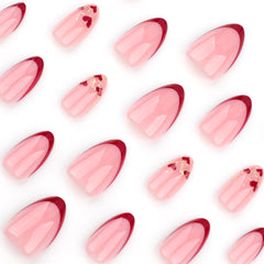 French Red Heart Press on Nails 24Pcs Medium Almond Nails