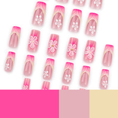 French Blush 3D Flowers Press on Nails 24Pcs Medium Squoval Nails