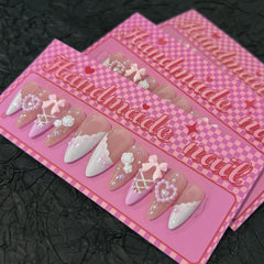 Camellia Bow Pearls(Handmade press on nails)/10Pcs Almond Nails