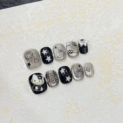 Dark Kitty Cat Eye Handmade press on Nails / 10Pcs Squoval Nails
