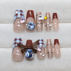 Blue Brown Plaid Diamond Bow Press on Nails 24Pcs Long Ballerina Nails