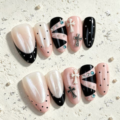 Y2K Black Pink French Presson on Nails 10Pcs Medium Almond Nails