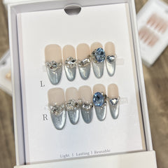 Blue Star Cat Eye Handmade press on Nails / 10Pcs Stiletto Nails