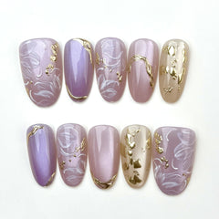 Glass Bead Gilt on Nails 10Pcs Medium Oval Nails
