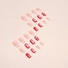 Snowflake Elk Red Press on Nails 24Pcs Medium Squoval Nails