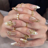 French Gold Flower Presson on Nails 10Pcs Medium Almond Nails