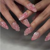 Butterfly 3D flower Pink Press on Nails 24Pcs Short Almond Nails