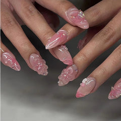 Butterfly 3D flower Pink Press on Nails 24Pcs Short Almond Nails