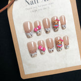 Leopard Print Kitty Bow Cat Eye(Handmade press on nails)/10Pcs Coffin Nails