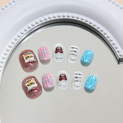 Bear Cat Eye Blue Pink Plaid(Handmade Press On Nails)/10Pcs Short Children's Nails