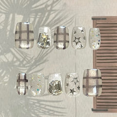 Aurora Star Plaid Cat Eye(Handmade press on nails)/10Pcs Squoval Nails