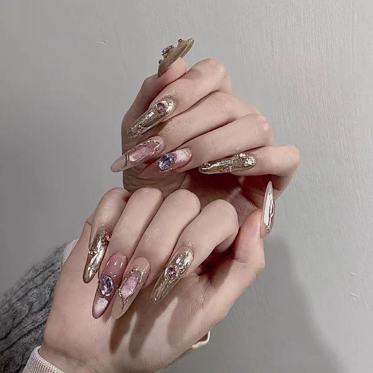 Rose Quartz（Handmade Custom Nails）/10Pcs Almond Nails