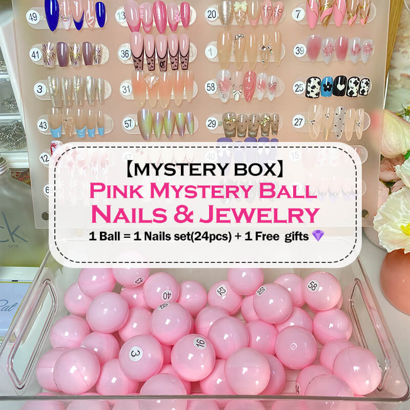 【PINK MYSTERY BALL】 Nails & Jewelry 1 Nail Set With 24pcs Handmade Press On Nails/All Size